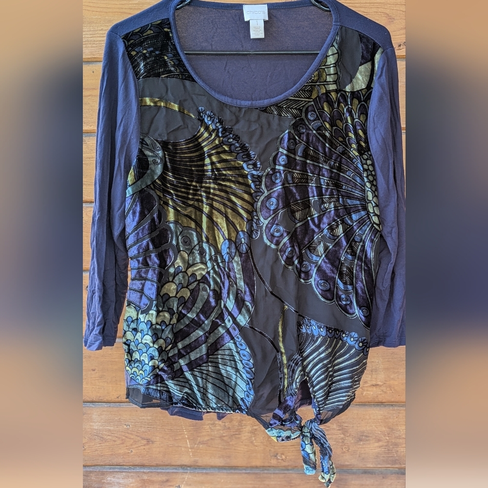 Chicos 1 Top Womens Burnout Velvet Tie Waist Shirt Boho Beach Floral size M